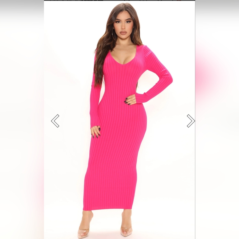 NWT Fashion Nova Hot Pink Long Sleeve Ribbed Knit Sweater Dress